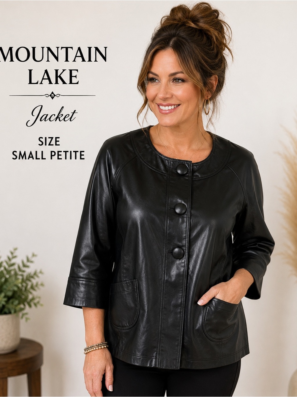 Mountain Lake Petite Black Faux Leather Jacket Small Petite SP 3/4 Sleeve